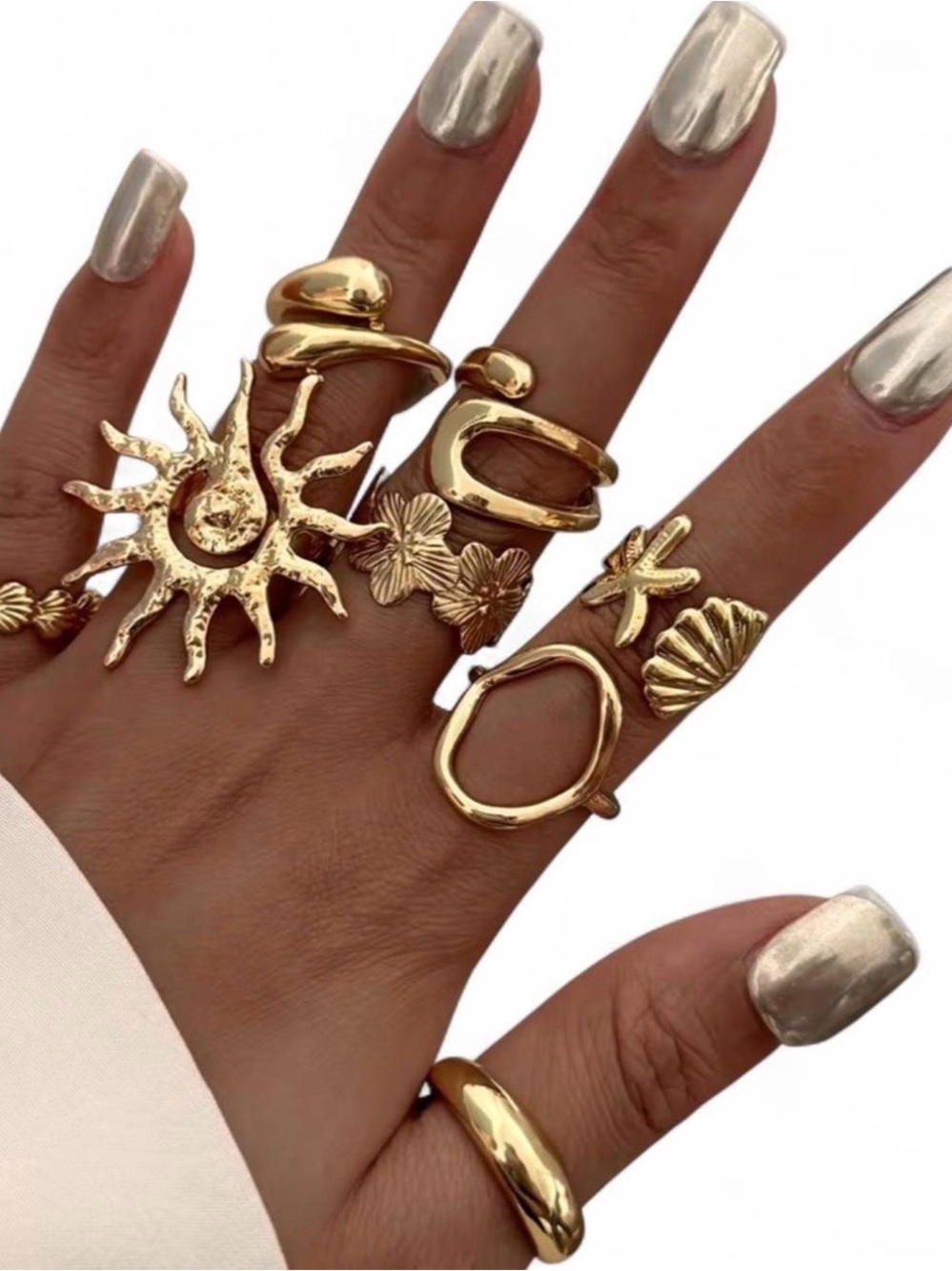 Gold Sun & Shell Stacking Ring Set - Women Jewelry